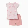 Cotton pyjamas with heart motif and ruffles for baby girls, pink