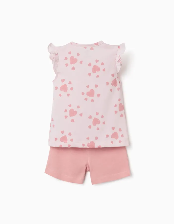 Cotton pyjamas with heart motif and ruffles for baby girls, pink
