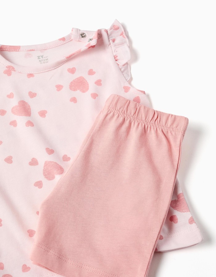 Cotton pyjamas with heart motif and ruffles for baby girls, pink