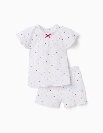 Ribbed cotton pyjamas with heart motif for baby girls, white/pink