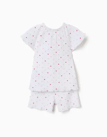 Ribbed cotton pyjamas with heart motif for baby girls, white/pink