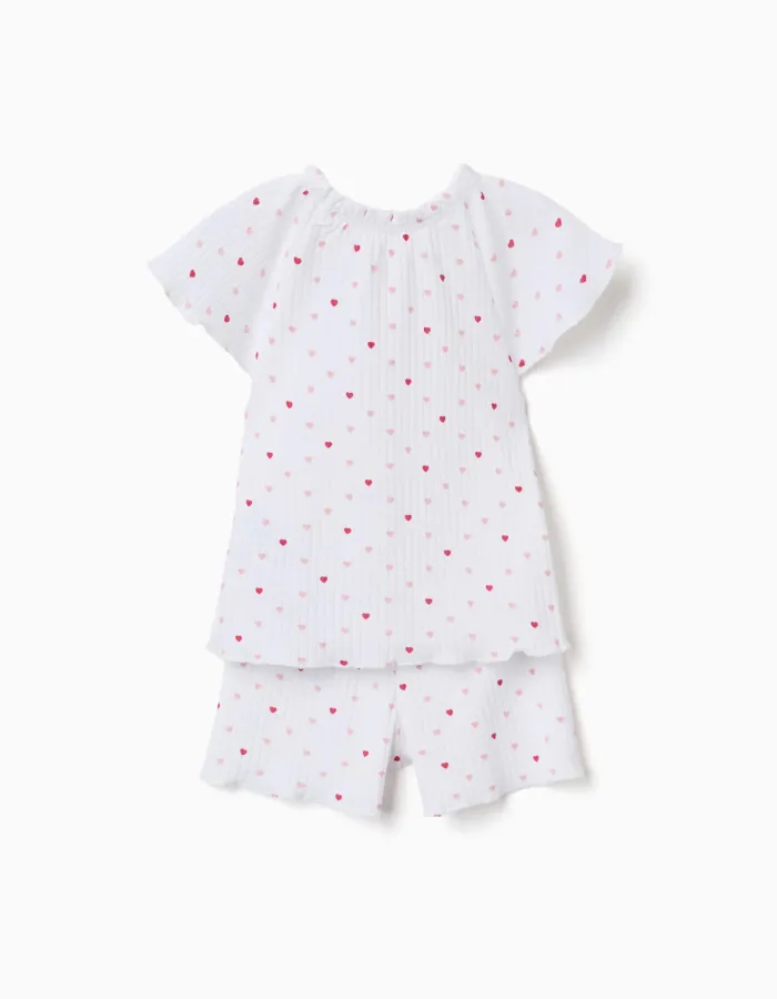 Ribbed cotton pyjamas with heart motif for baby girls, white/pink