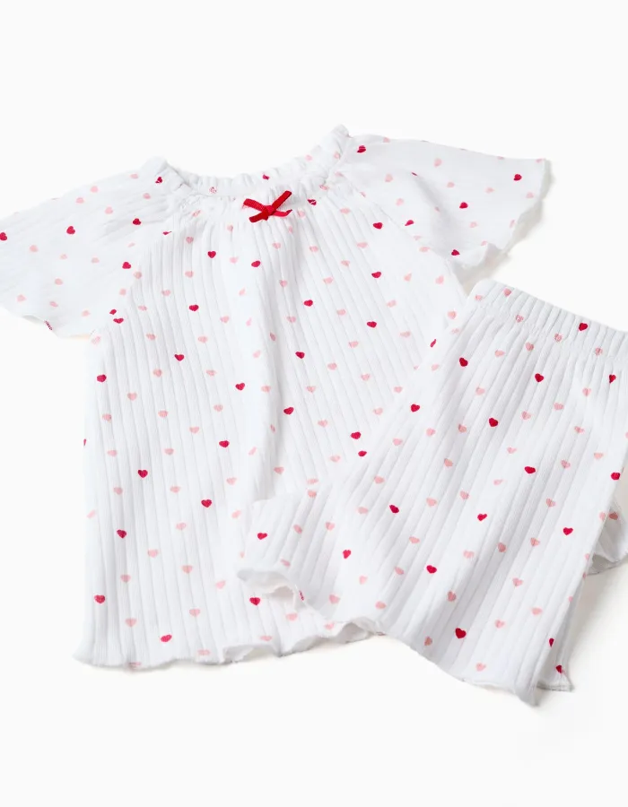 Ribbed cotton pyjamas with heart motif for baby girls, white/pink