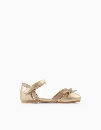 Glitter Ballerina Flats with Bow for Baby Girls, Gold