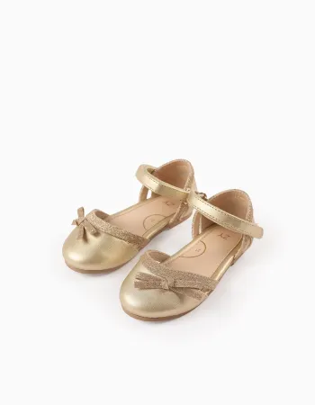 Glitter Ballerina Flats with Bow for Baby Girls, Gold