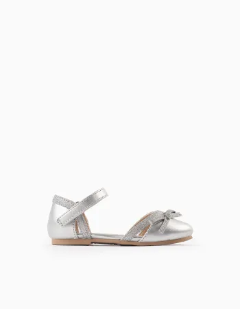 Glitter Ballerina Flats with Bow for Baby Girls, Silver