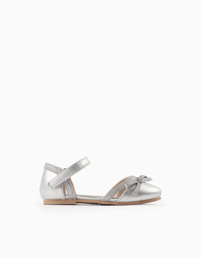Glitter Ballerina Flats with Bow for Baby Girls, Silver