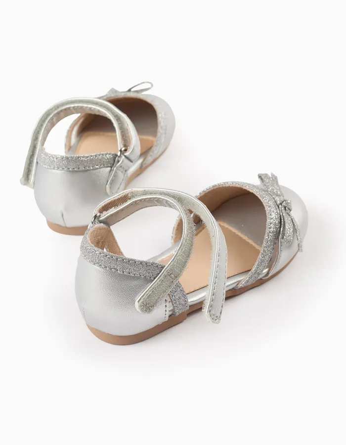 Glitter Ballerina Flats with Bow for Baby Girls, Silver