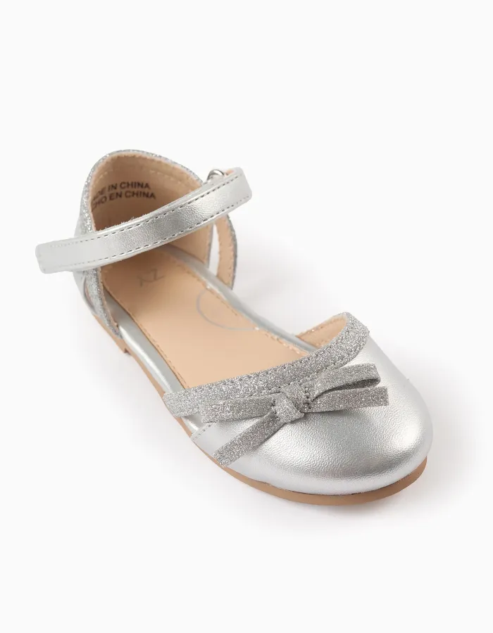 Glitter Ballerina Flats with Bow for Baby Girls, Silver