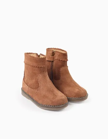 Suede Ankle Boots with Scalloped Effect for Baby Girls, Camel