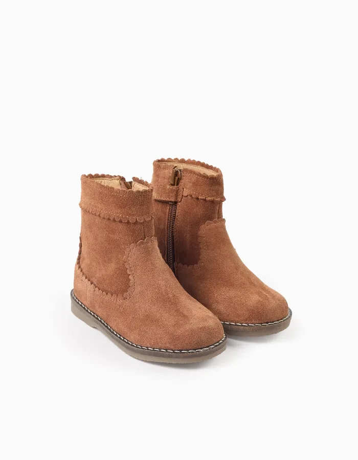 Suede Ankle Boots with Scalloped Effect for Baby Girls, Camel