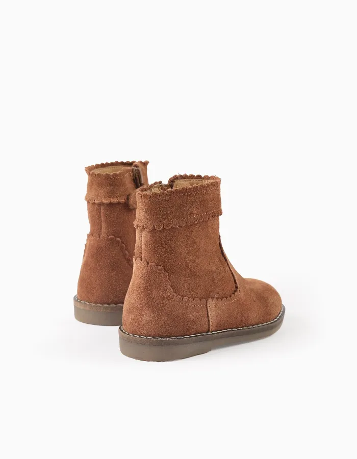 Suede Ankle Boots with Scalloped Effect for Baby Girls, Camel