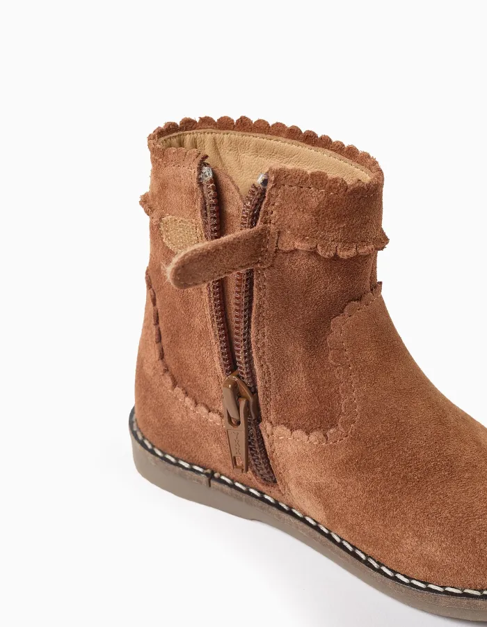 Suede Ankle Boots with Scalloped Effect for Baby Girls, Camel