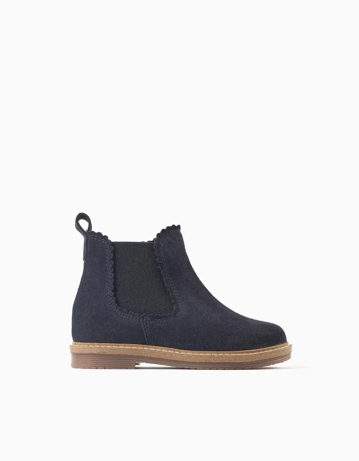 Suede Chelsea boots with scalloped effect for baby girls, dark blue