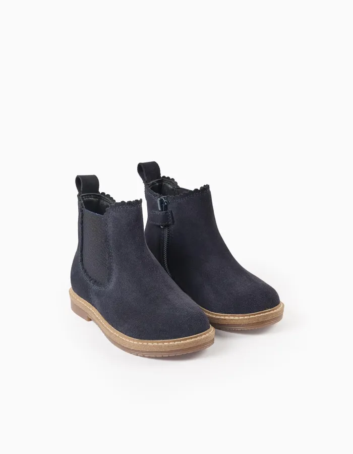 Suede Chelsea boots with scalloped effect for baby girls, dark blue
