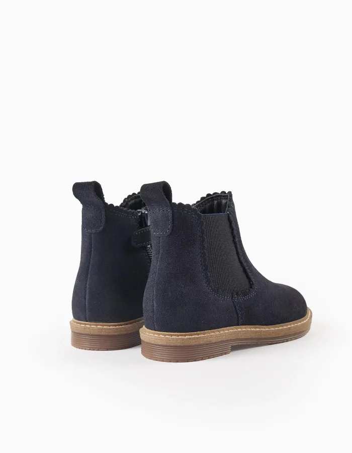 Suede Chelsea boots with scalloped effect for baby girls, dark blue