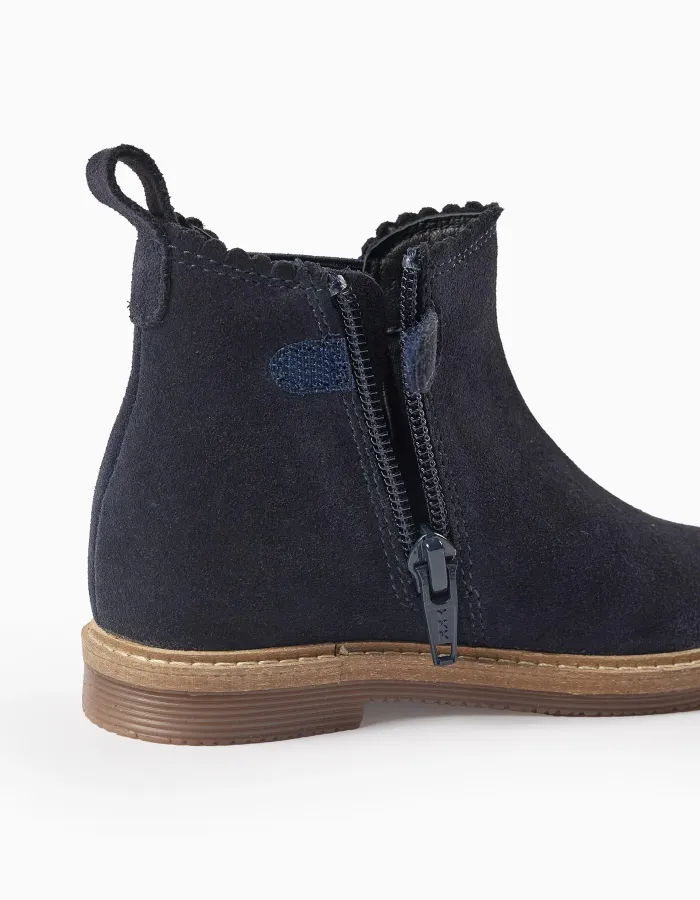 Suede Chelsea boots with scalloped effect for baby girls, dark blue