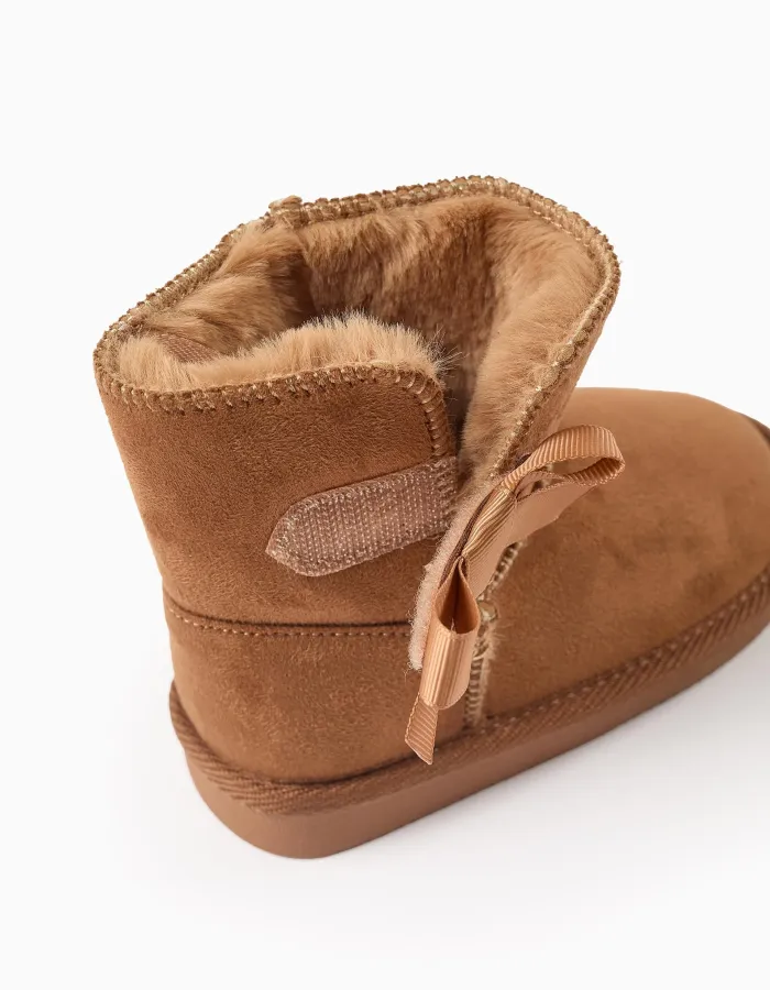 Boots with Touch-Fastener Bow and Furry Lining for Baby Girls, Camel