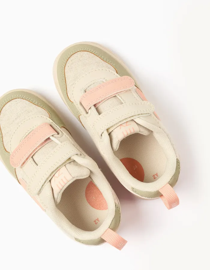 Dual-fabric ZY Move trainers for baby girls, beige/orange/green