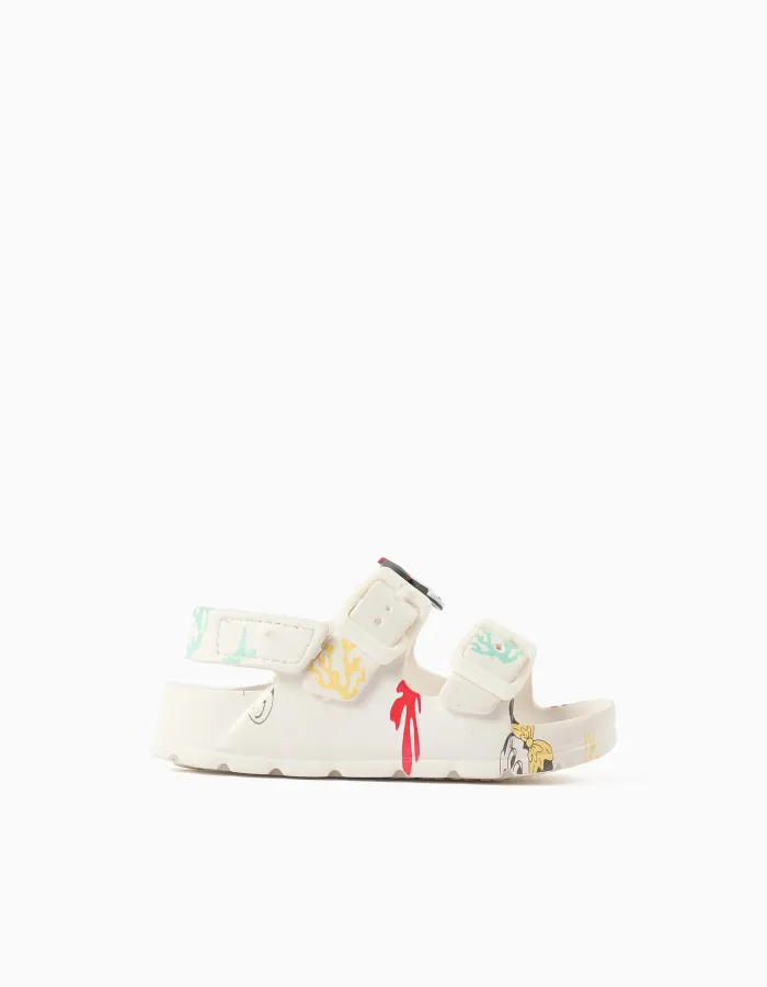 Rubber buckle footbed sandals with Minnie for baby girls, white