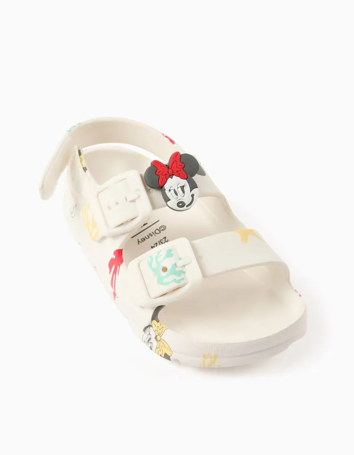 Rubber buckle footbed sandals with Minnie for baby girls, white
