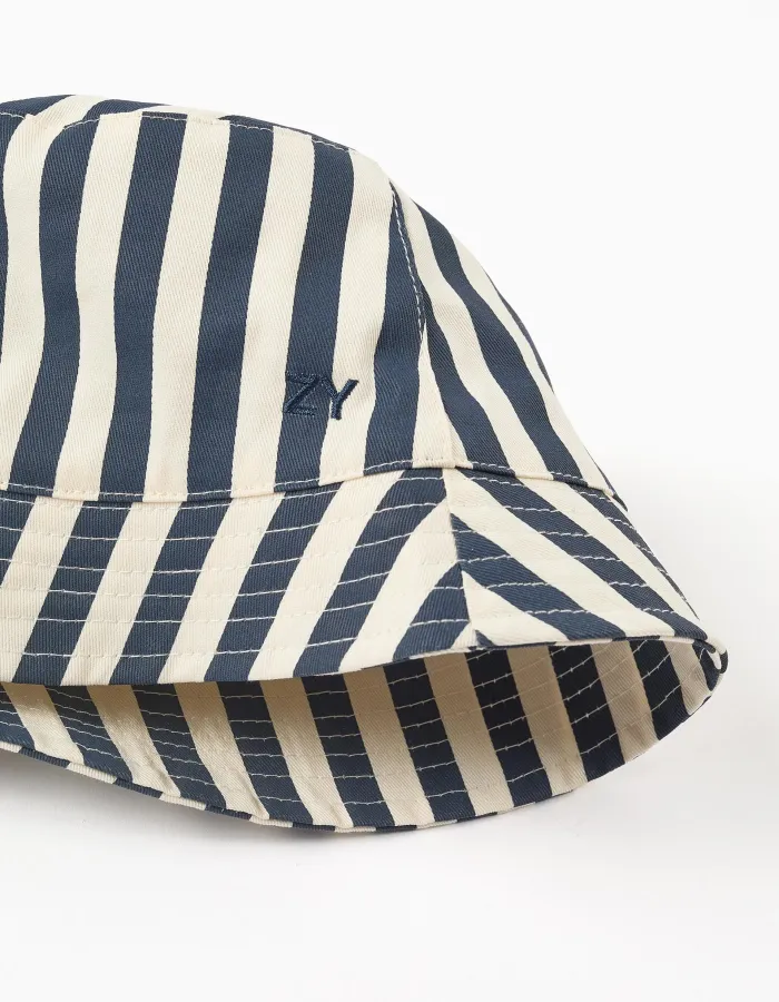 Striped bucket hat with linen for babies and boys, dark blue/white