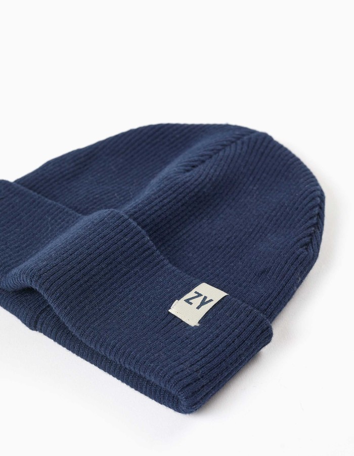 Zy Navy Blue Ribbed Knit Beanie Hat