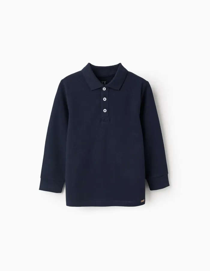 Long Sleeve Cotton Polo-shirt for Boys, Dark Blue