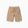 Long twill cargo shorts with drawstring for boys, beige