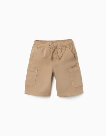 Long twill cargo shorts with drawstring for boys, beige