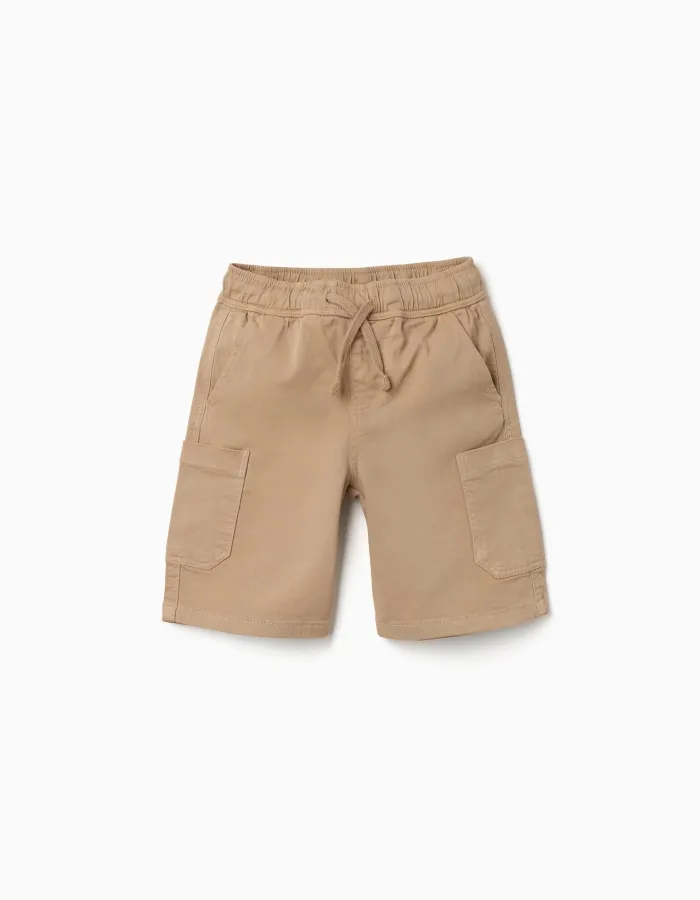 Long twill cargo shorts with drawstring for boys, beige