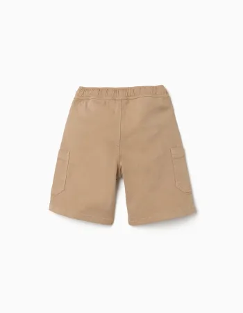 Long twill cargo shorts with drawstring for boys, beige