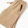 Long twill cargo shorts with drawstring for boys, beige