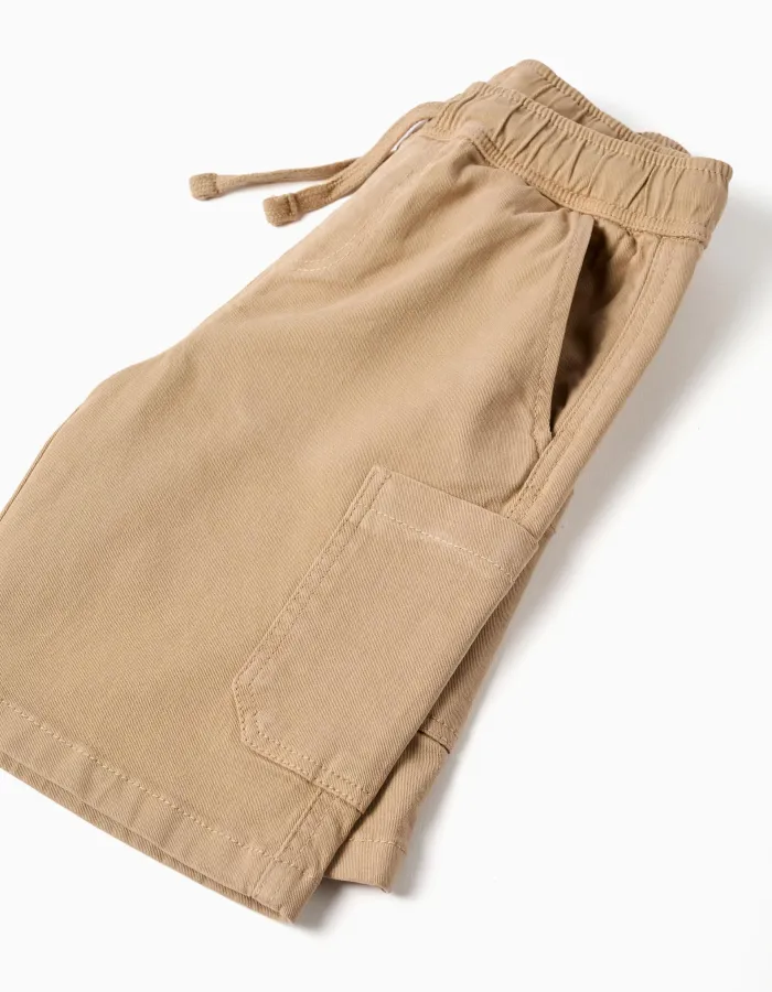 Long twill cargo shorts with drawstring for boys, beige