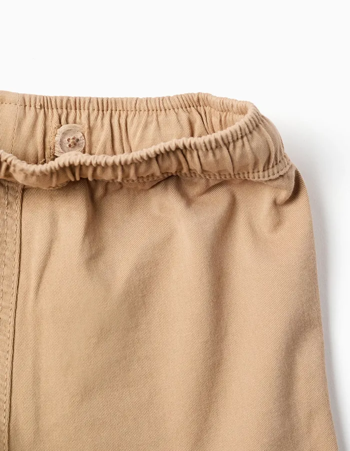 Long twill cargo shorts with drawstring for boys, beige