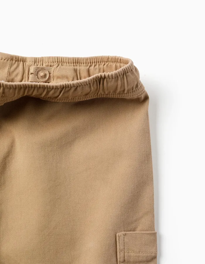 Long twill cargo shorts with drawstring for boys, beige