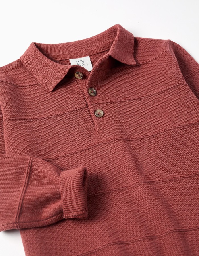 Cotton knit jumper with embossed lines for boys, brown