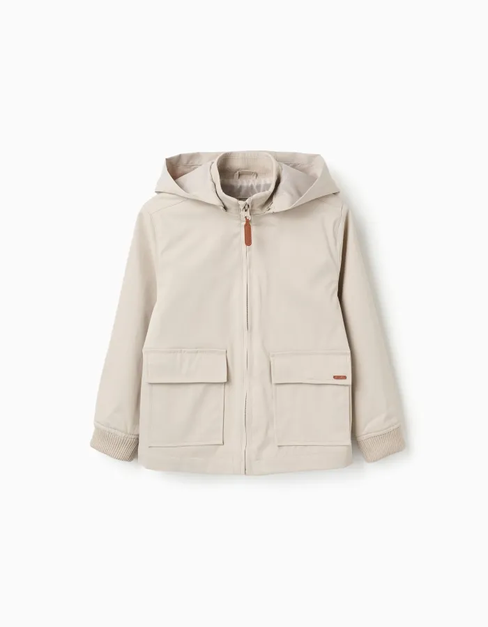 Jacket with lining and removable hood for boys, light beige