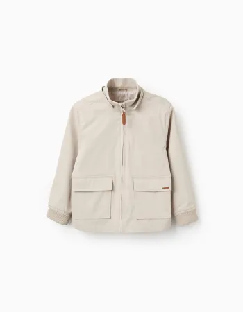 Jacket with lining and removable hood for boys, light beige