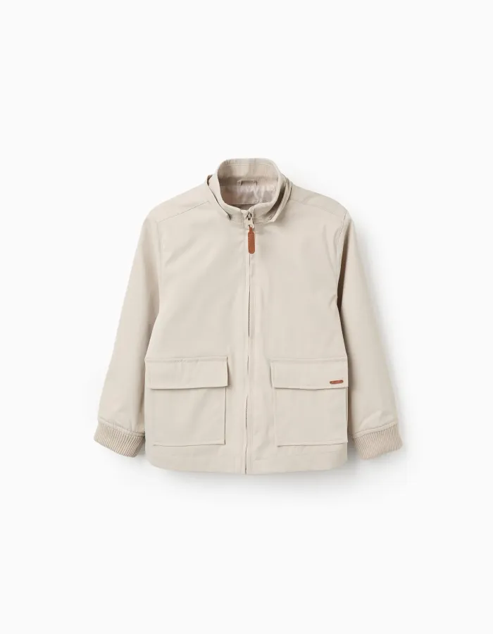 Jacket with lining and removable hood for boys, light beige