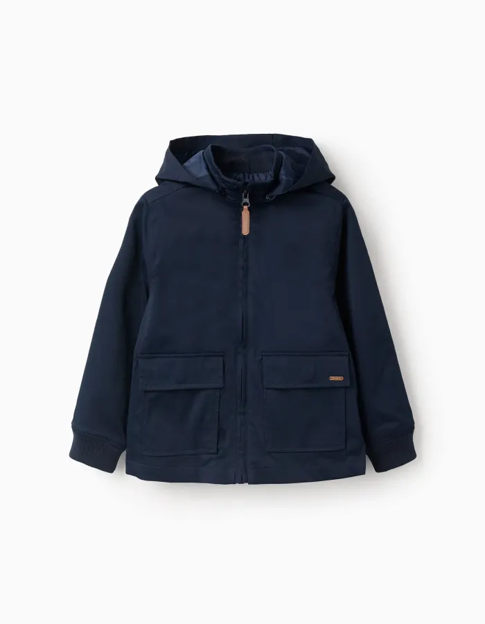 Jacket with lining and removable hood for boys, dark blue