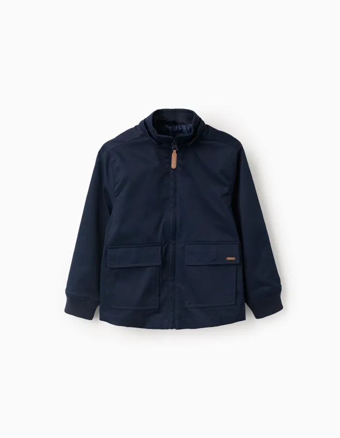 Jacket with lining and removable hood for boys, dark blue