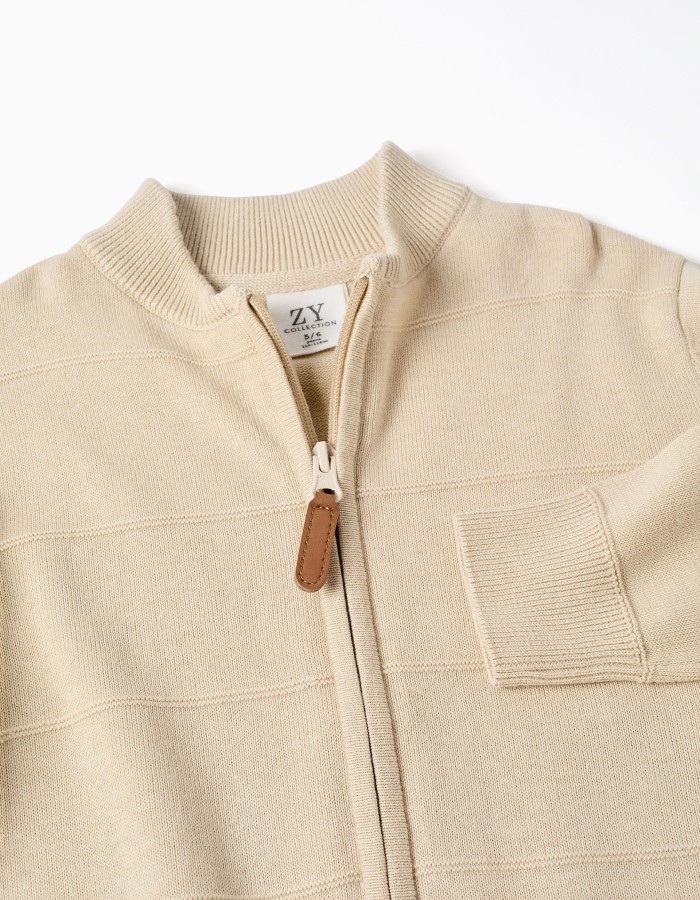 Cotton knitted jacket with embossed lines for boys, light beige