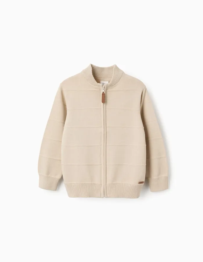 Cotton knitted jacket with embossed lines for boys, light beige