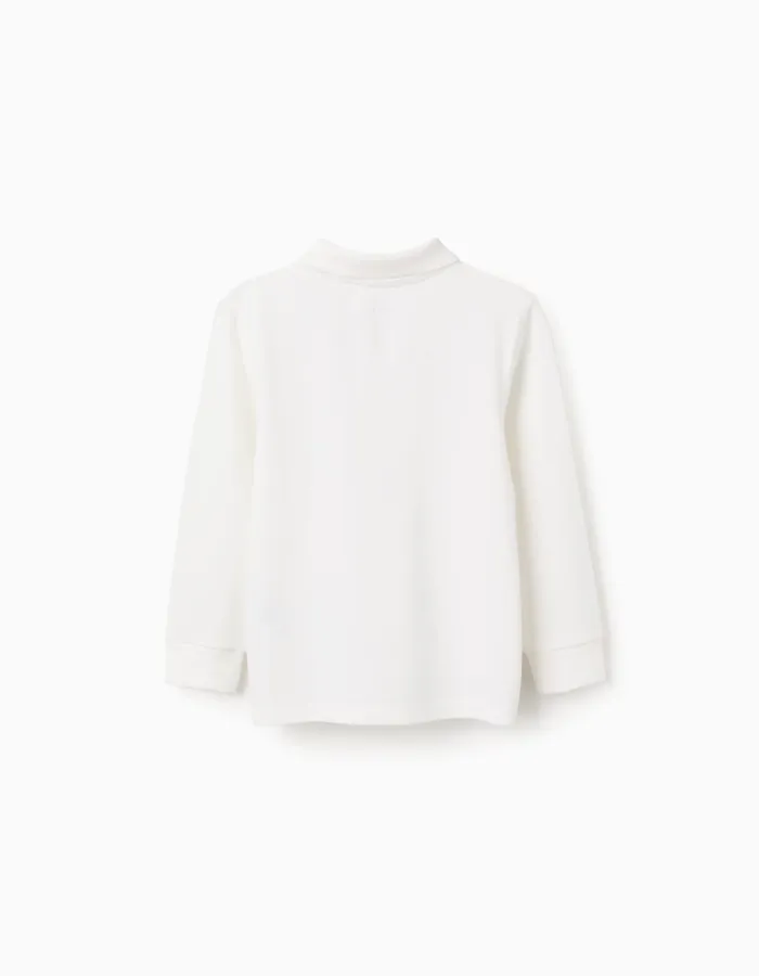 Long sleeve cotton piqué polo shirt for boys, white