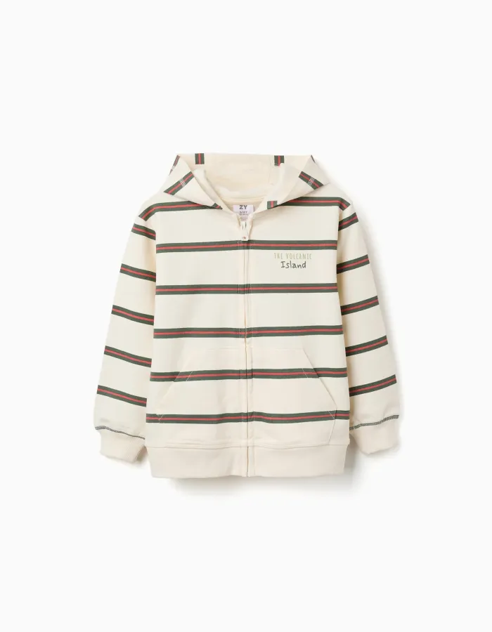 Cotton hooded jacket with stripes for boys, beige/orange/green