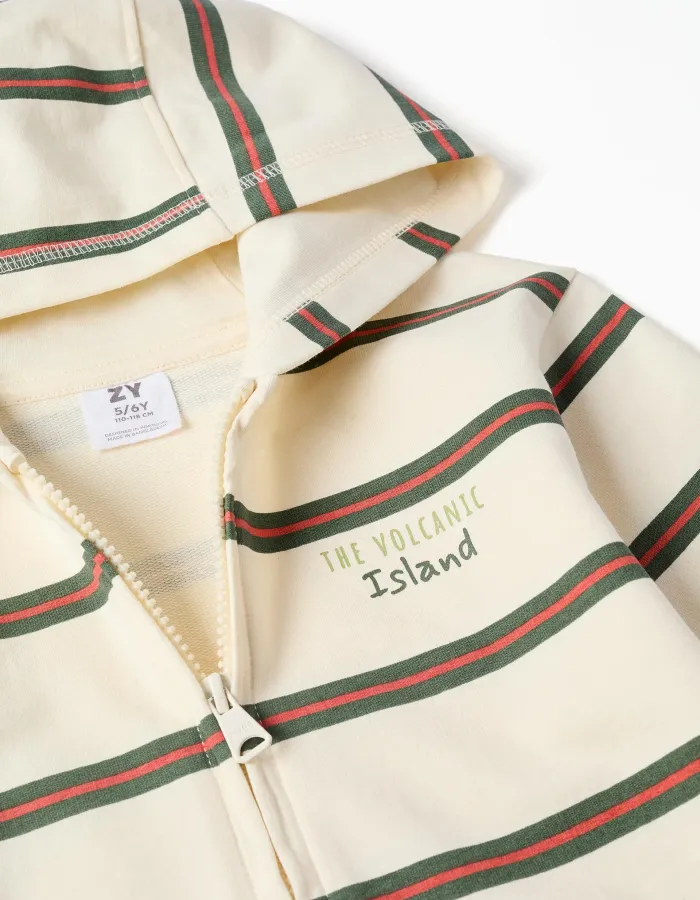 Cotton hooded jacket with stripes for boys, beige/orange/green