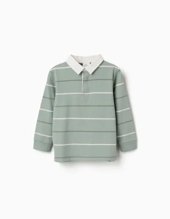 Long sleeve cotton polo shirt with stripes B&S for boys, green/white