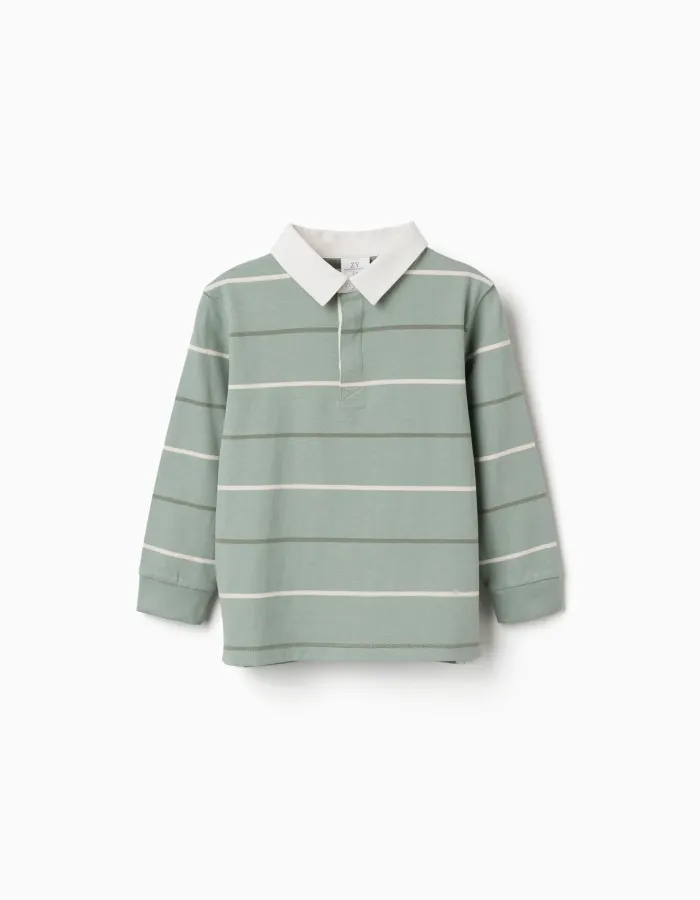 Long sleeve cotton polo shirt with stripes B&S for boys, green/white