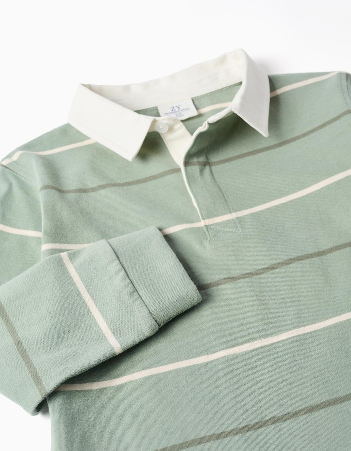 Long sleeve cotton polo shirt with stripes B&S for boys, green/white